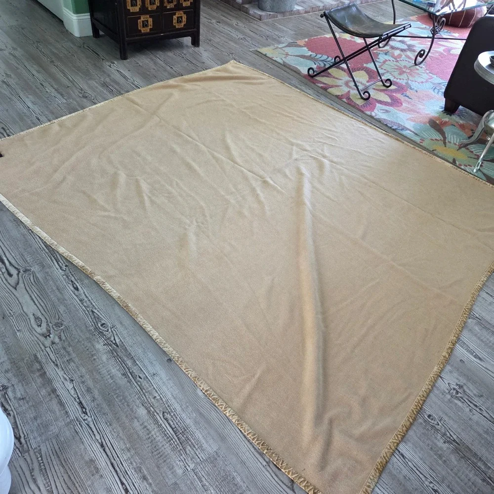 Vintage Camel Tan Wool Blend Blanket Velvet Binding Trim Oversized 94x84 Rustic